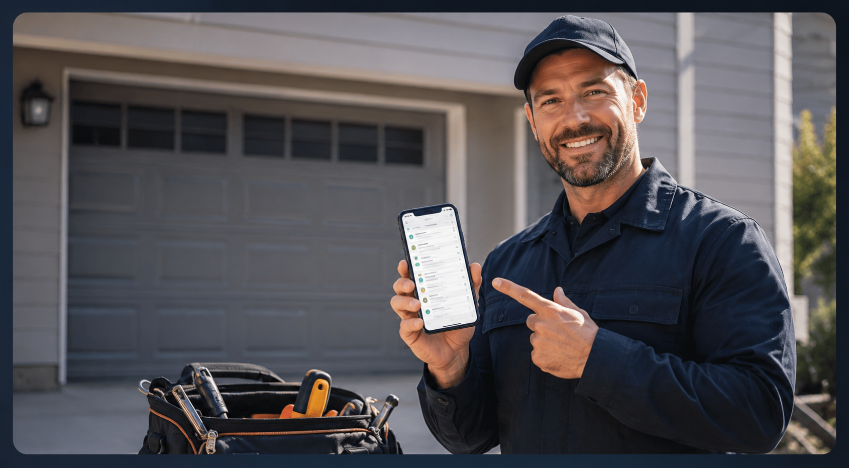 Garage door technician holding a phone showing the Prospecting Pilot dashboard